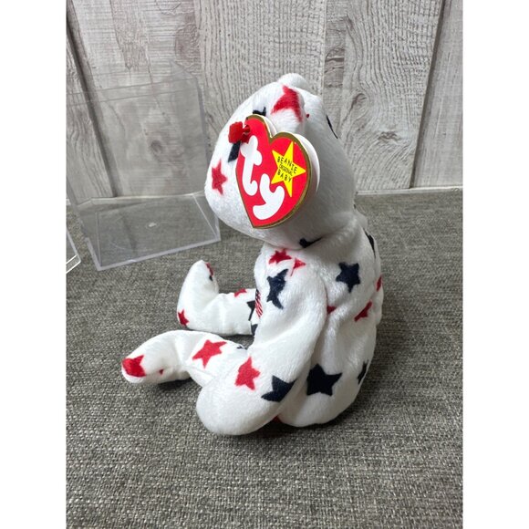 Ty Beanie Baby Glory Bear 1998 U.S. Flag White With Red & Blue Stars and Case - Picture 2 of 9